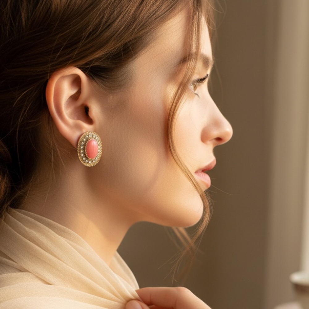 CLEARANCE | ERICA LYONS Coral & Gold Oval Clip On Earrings